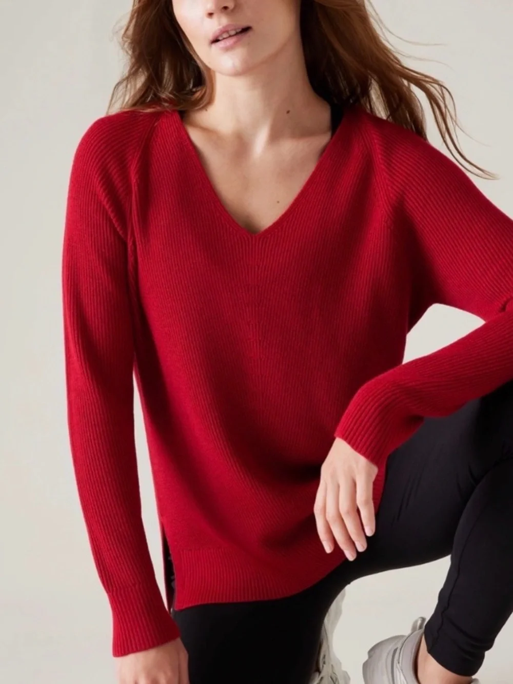 Athleta Red V-Neck Ribbed Sweater - Picture 2 of 9